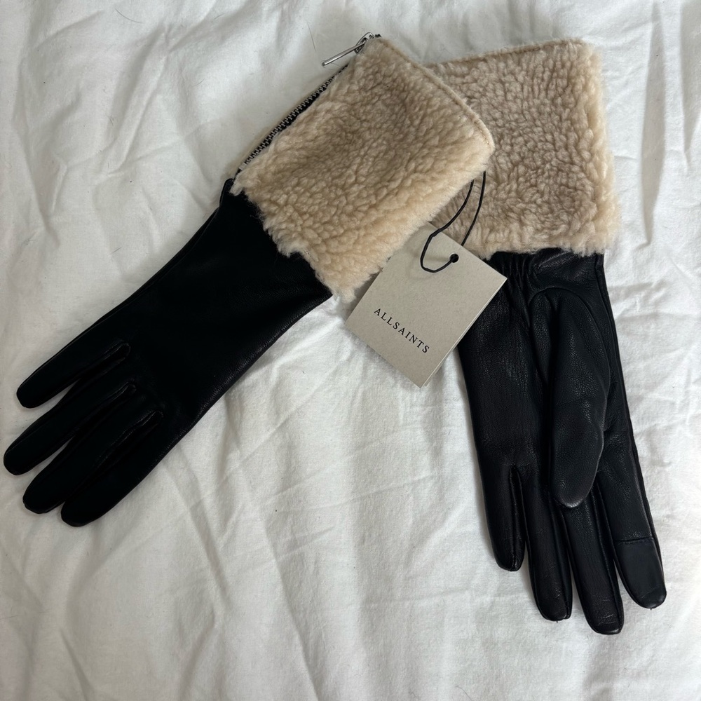 All Saints Black leather Gloves with cream Shearling Trim LARGE